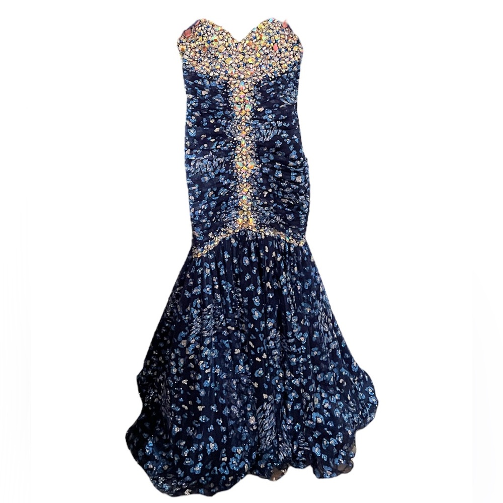 Blue Strapless Mermaid Style Gem Gown Sweet 16 Prom Dress, Size 8